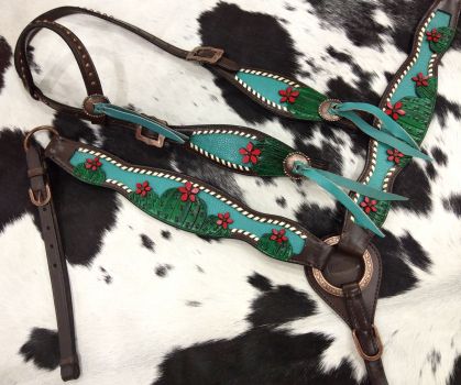 Showman  Painted Cactus with 3D flower accent one ear headstall breast collar set #2